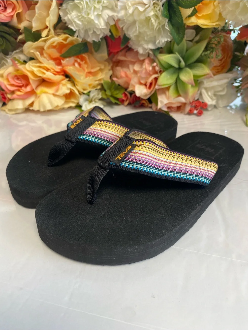 Teva Kids Mush II Flip-Flops Rainbow Webbing Black Size 1
